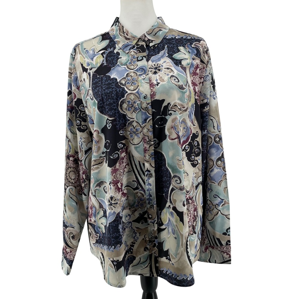 Chico's Buttton Front Shirt Womens‎ XL Abstract Paisley Floral Artsy Boho